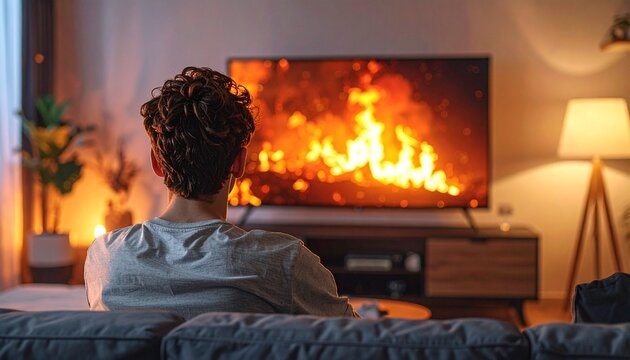 Young man watching fire on TV in a cozy living room at night