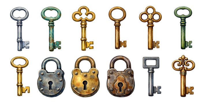 A watercolor set of vintage keys and padlocks for antique security designs, old lock illustrations, retro decor, and historical object artwork.
