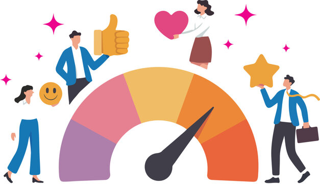 Flat design customer satisfaction meter illustration with feedback icons, smiley, star, heart and thumbs up business rating concept