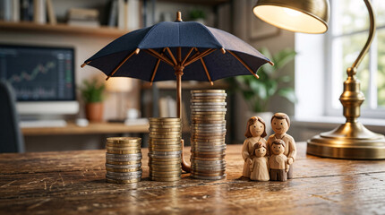 Family protection concept with umbrella shielding stacked coins and wooden family figurines on a rustic desk, symbolizing financial security and insurance for future planning