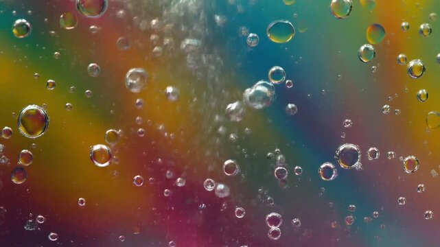 Macro shot of transparent bubbles on colorful rainbow background