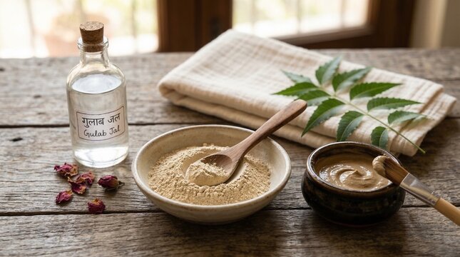 Multani mitti face pack ingredients on wooden table