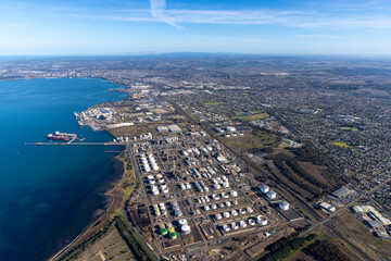 Geelong Energy Hub aerial view, oil refinery and LNG gas terminal, Corio Bay, Victoria Australia © Brett Price