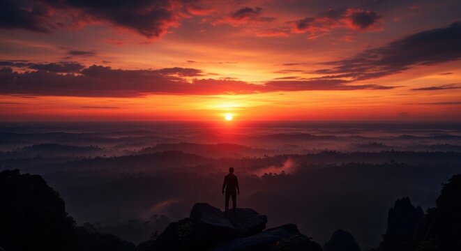 A person stands on a mountain peak watching a vibrant sunset over a serene landscape
