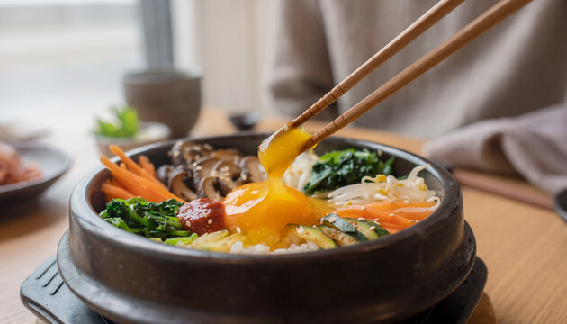 Breaking Egg Yolk Over Bibimbap Bowl
