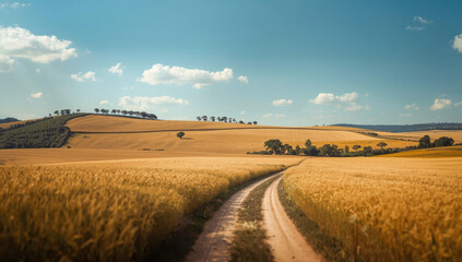 Fototapeta premium Golden wheat field dirt road under blue sky with scattered clouds evoking peaceful summer travel