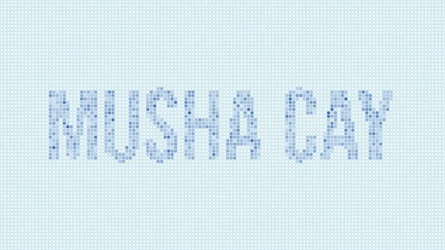 Musha Cay dotted map animation. Digital style shape of the island. Musha Cay shape and title blue dots appear with flickering effect. Bahamas. Modern Intro, outro, title, logo video.