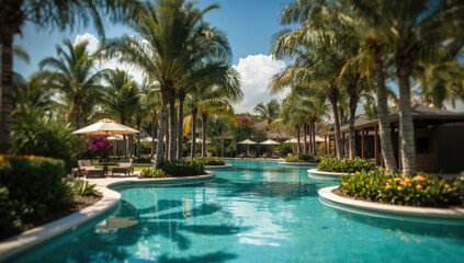 Tropical resort pool surrounded by palm tree and lounge seating, sunny tranquil vibe