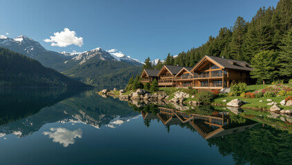 Obraz premium Luxury lakeside chalet retreat with mountain reflection and forest view