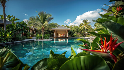 Naklejka premium Tropical villa pool surrounded by lush foliage and bright heliconia flowers, serene luxury