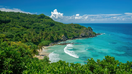 Fototapeta premium Secluded tropical beach with turquoise water, lush green hillside and palm trees in sunlight