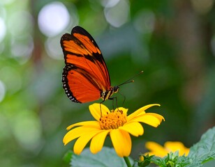 Obraz premium An orange and black butterfly delicately perched upon a vibrant yellow flower, with a soft green bokeh background