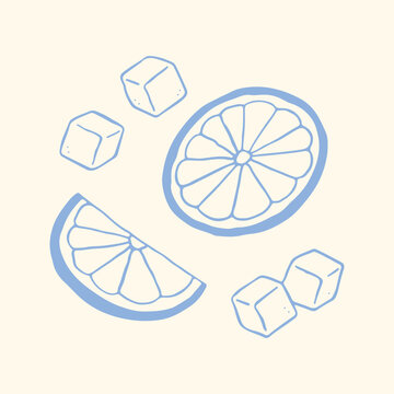 Fresh hand drawn vector illustration of lemon slices and sugar cubes. Essential tea accessories in blue line art for kitchen decor, recipe books, cafe menus, and citrus-themed designs