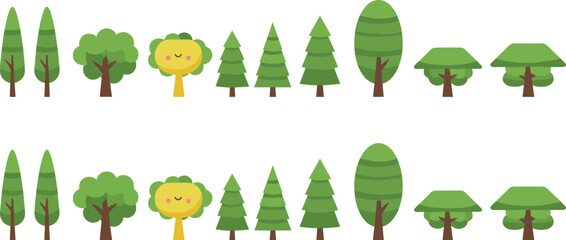 Fototapeta premium Flat vector illustration set of various green trees including pines oaks and stylized foliage for nature landscape design