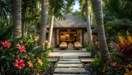 Fototapeta premium Serene spa garden pathway with tropical flowers and palm trees leading to bungalow retreat