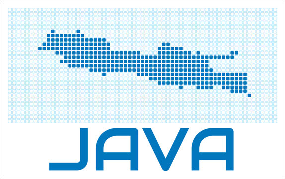 Java digital style map with blue rounded rectangle dots. Indonesia. Dotted shape of the island. Java blue colored map and title on white background. Modern Vector Illustration.