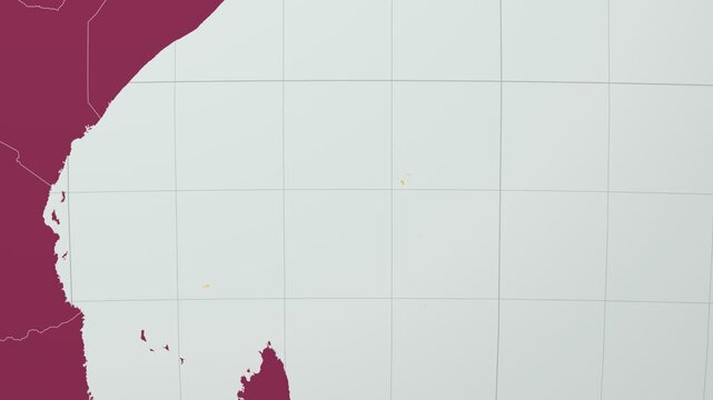 Seychelles map. Animated zoom into the country on the Globe in Pale Mint Dark Pink color palette. Country logo animation with round text and airplanes. Map with meridians, parallels.