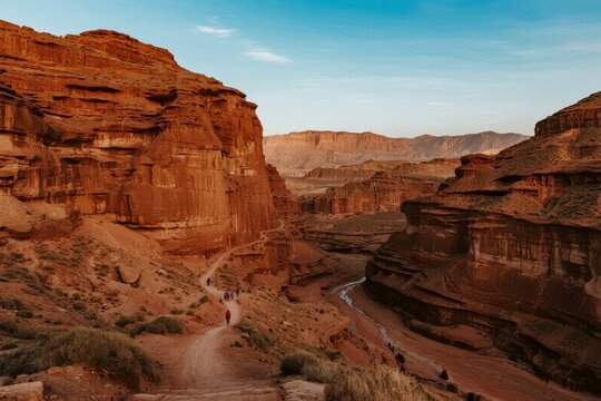 A winding path through a vast red rock canyon with layered cliffs and a distant river under a clear blue sky