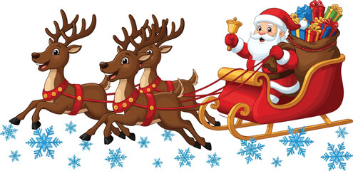 Santa Claus riding sleigh with reindeer carrying Christmas gifts, festive winter holiday cartoon illustration with snowflakes, Santa sleigh and reindeers isolated vector © MstKalpona