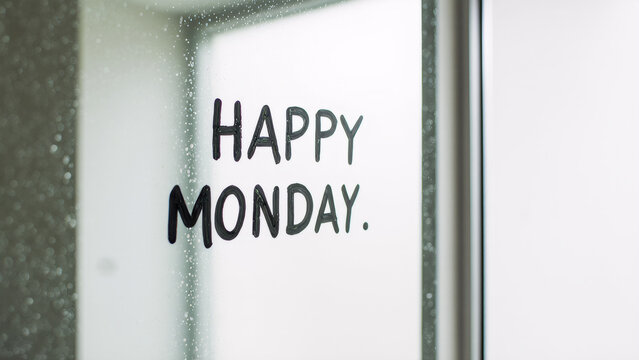 Happy monday text written on frosted glass window morning message