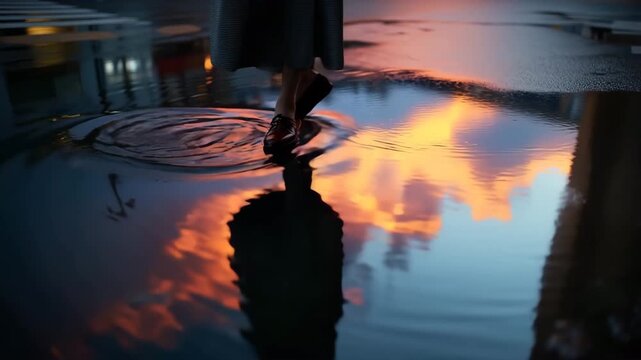 日本人高齢女性が夕暮れの水たまりを通る