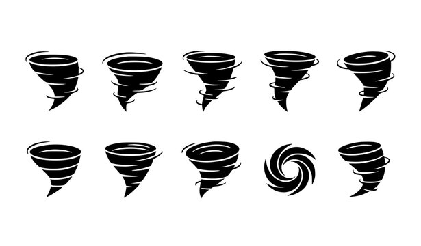 Tornado and hurricane icon set with swirling storm cyclone symbols in black vector design