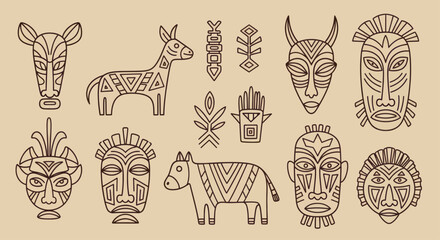 African Tribal Masks and Animals Vector Set. © Molen