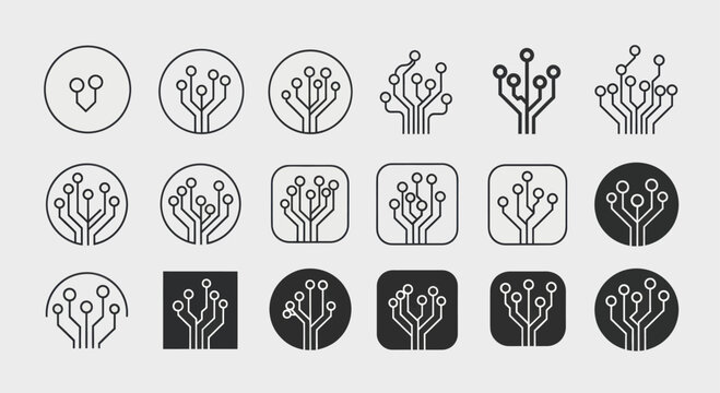 Collection of Circuit Board Icons Representing Technology and Connectivity.