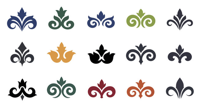 Collection of Decorative Fleur-de-Lis and Floral Ornament Designs.