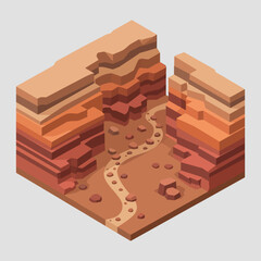 Isometric illustration of a canyon with layered rock formations and a winding path. © Rina