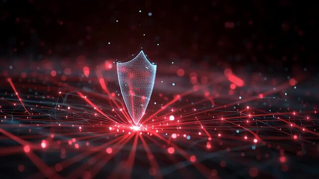 Dynamic digital security shield protecting an intricate, glowing data network. Emphasizing robust cyber defense, secure connections, and advanced online threat prevention against future risks