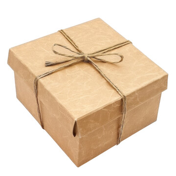 Brown Cardboard Gift Box Tied with Twine present packaging isolated on a transparent background