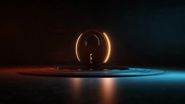 Glowing digital padlock icon symbolizing robust data security and access control in a dark, futuristic environment with dynamic light effects, hinting at animated protection
