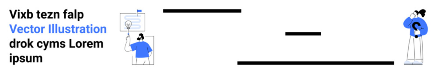 Obraz premium Communication, creativity, teamwork, presentation, visual storytelling, remote work. Two figures interacting with text and illustration elements. Communication and creativity concept