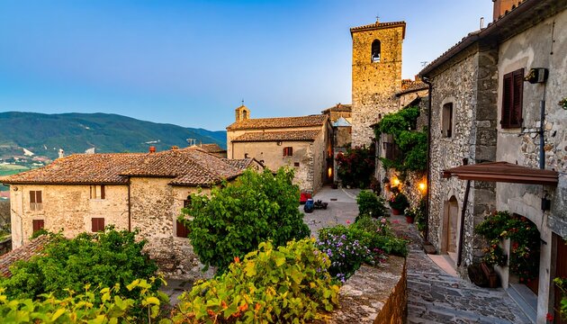 An overhead shot of a quaint stone village, complete with rooftops, a bell tower, and lush greenery, set against a dusky sky