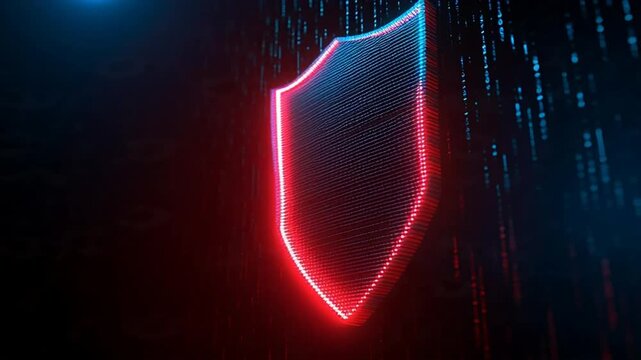 Dynamic glowing shield icon symbolizing robust digital security and advanced data protection in a futuristic tech environment, representing cybersecurity and online privacy with dynamic binary streams