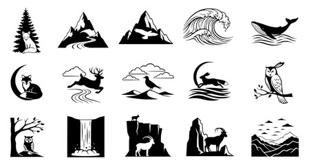 Obraz premium Set of minimalist wilderness icons and outdoor logos. Black and white nature silhouettes featuring mountains, forest animals, waves, and wildlife. Modern linear vector graphics for branding.
