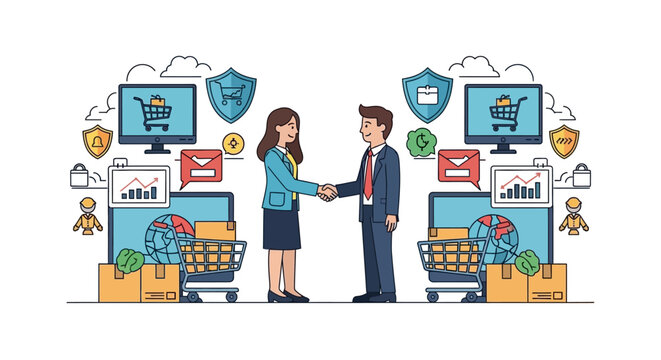 Illustration of a man and woman shaking hands over a secure online transaction with colorful icons and symbols surrounding them on a white background, representing World Consumer Rights Day.
