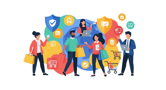 Colorful vector illustration of people engaging in online shopping and transactions on World Consumer Rights Day with a focus on e-commerce and secure card payments.