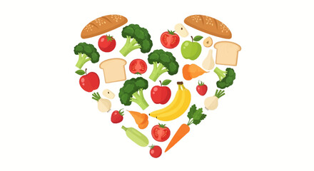 Fototapeta premium Illustration of a heart-shaped arrangement of fruits and vegetables with healthy food items for a nutrition or diet campaign promoting healthy eating awareness.