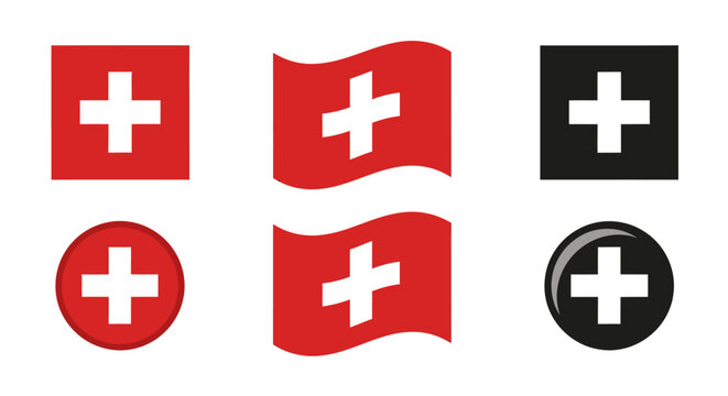 Flags and logos with white crosses on red and black backgrounds are shown