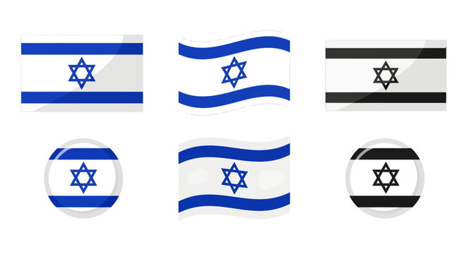 The Israeli flag is waving in different styles and shapes on a white background