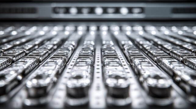 Polished chrome server blades neatly aligned in a data center
