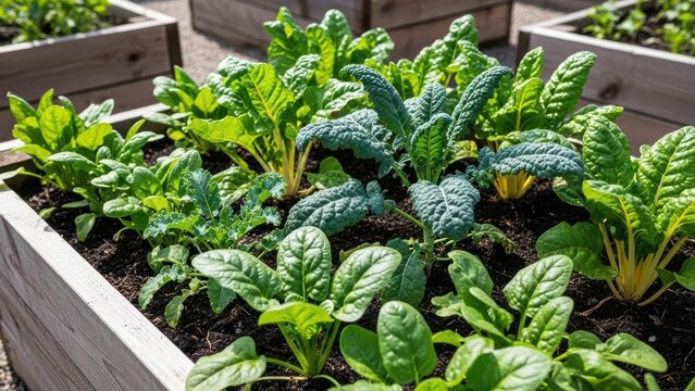 Vibrant Leafy Greens Growing in a Raised Garden Bed