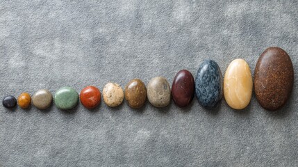 Row of perfectly aligned polished pebbles in gradient