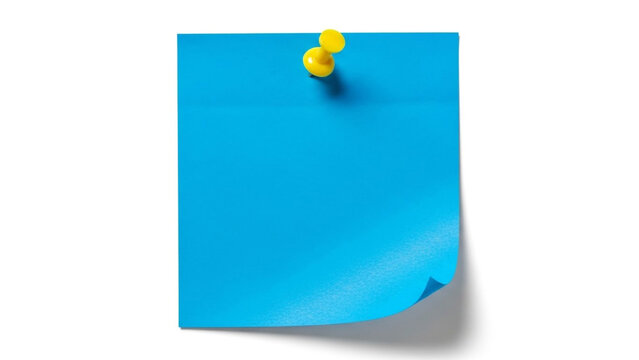 Blue sticky note with yellow pushpin in minimalist white background for office supplies
