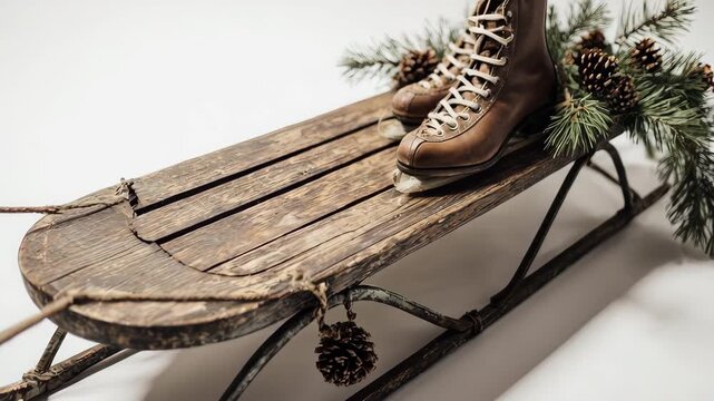 Vintage Sled with Ice Skate and Pine Boughs Festive Winter Decor.