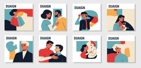 Fototapeta premium Diverse human relationships and connections illustrated in a modern, abstract, and colorful graphic art style