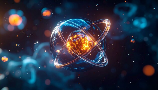Abstract Atom Model with Glowing Nucleus and Orbitals.