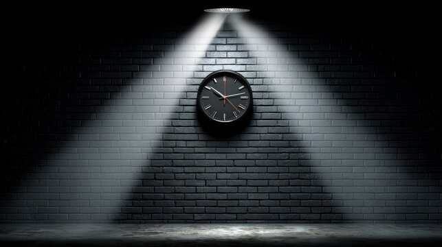 Minimalist clock on an exposed brick wall illuminated by spotlights